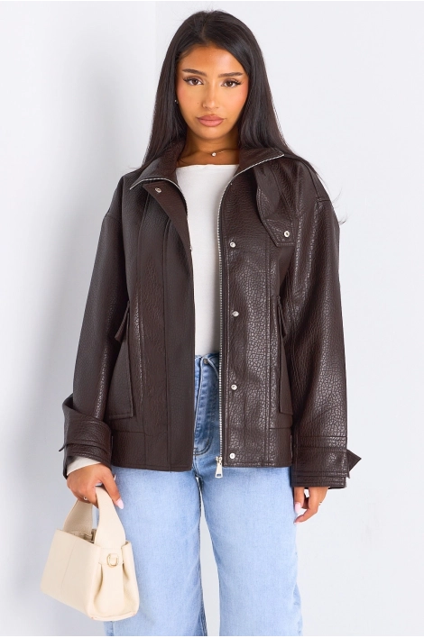 Veste marron courte en simili cuir à poches large