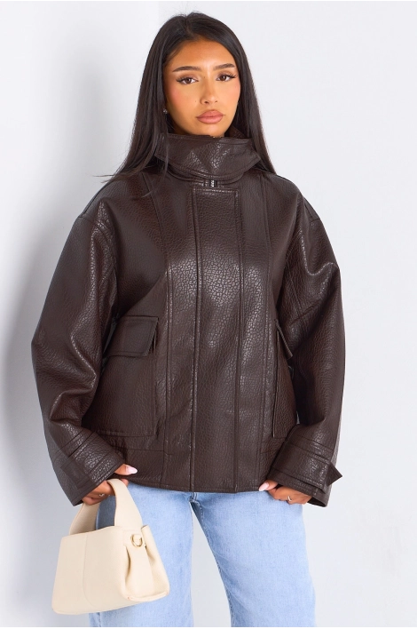 Veste marron courte en simili cuir à poches large