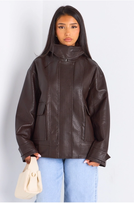 Veste marron courte en simili cuir à poches large