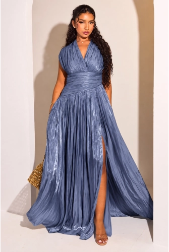Robe bleu gris satinée à manches courtes et effet drapé