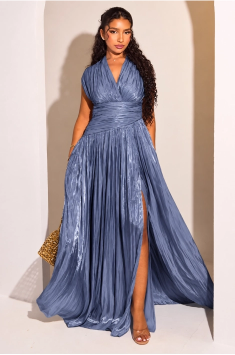 Robe bleu gris satinée à manches courtes et effet drapé