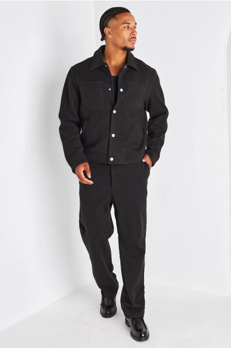 Ensemble 2 pièces noir veste à col rabat + pantalon coupe droite effet texturé