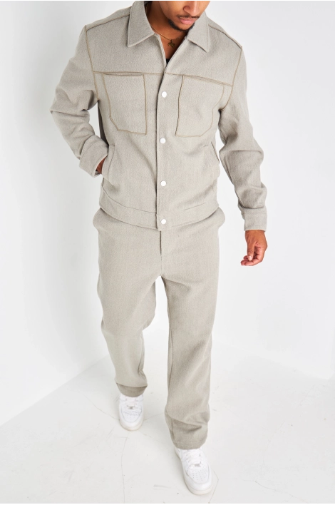 Ensemble 2 pièces vert clair veste à col rabat + pantalon coupe droite effet texturé