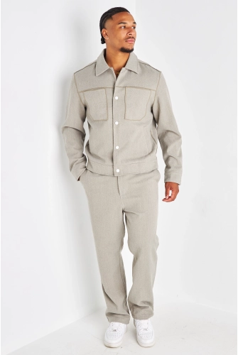Ensemble 2 pièces vert clair veste à col rabat + pantalon coupe droite effet texturé