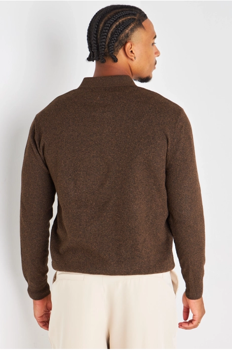 Tee-shirt marron manches longues et col rabat à aspect feutrine