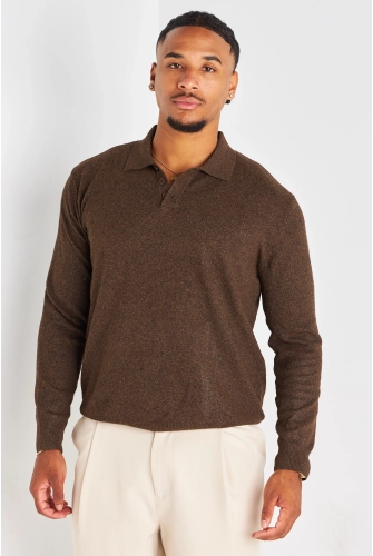 Tee-shirt marron manches longues et col rabat à aspect feutrine