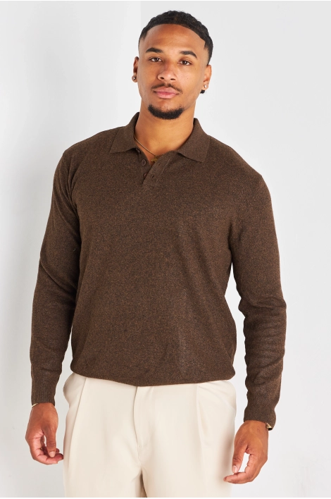 Tee-shirt marron manches longues et col rabat à aspect feutrine