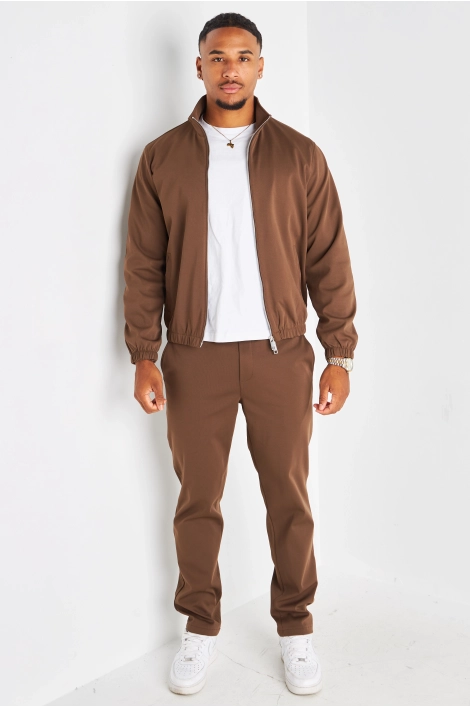 Ensemble 3 pièces marron veste sans manches + manteau manches longues + pantalon