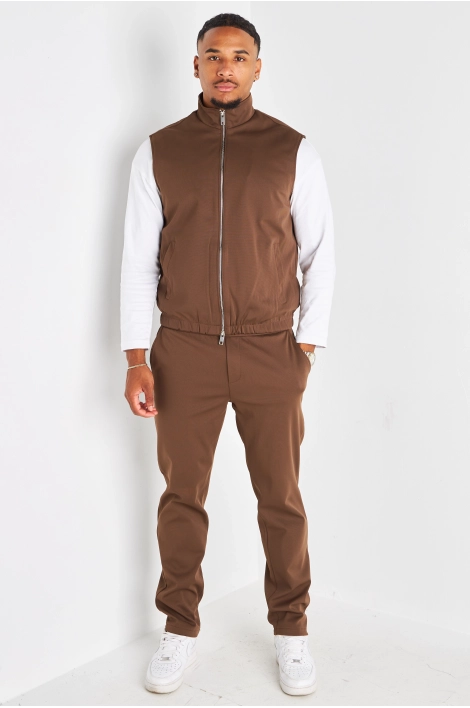Ensemble 3 pièces marron veste sans manches + manteau manches longues + pantalon