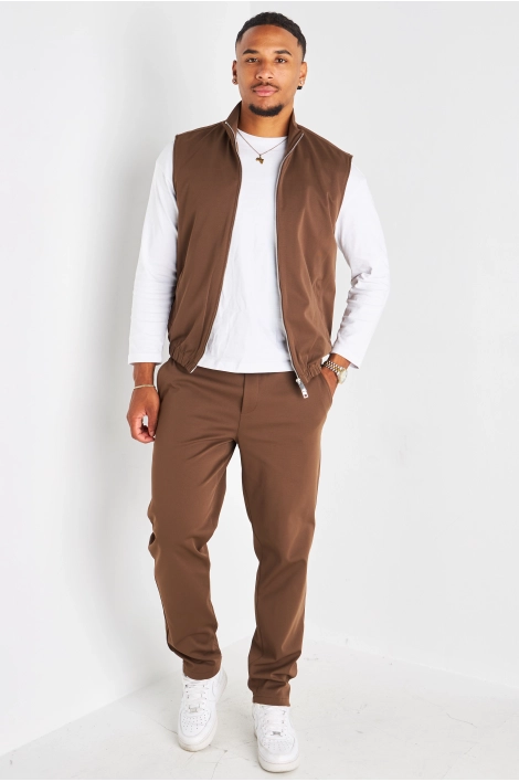 Ensemble 3 pièces marron veste sans manches + manteau manches longues + pantalon