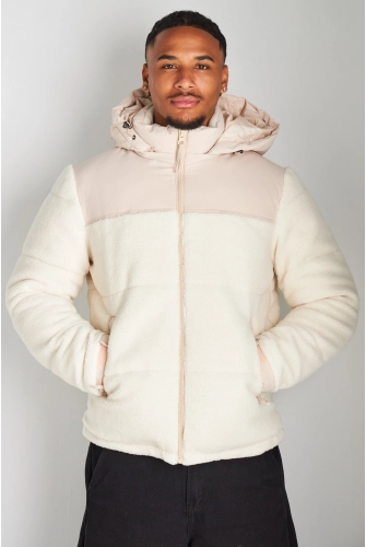 Doudoune beige matelassée à capuche et empiècement peau de mouton blanc