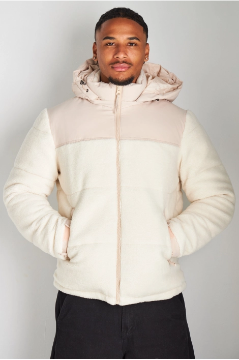 Doudoune beige matelassée à capuche et empiècement peau de mouton blanc