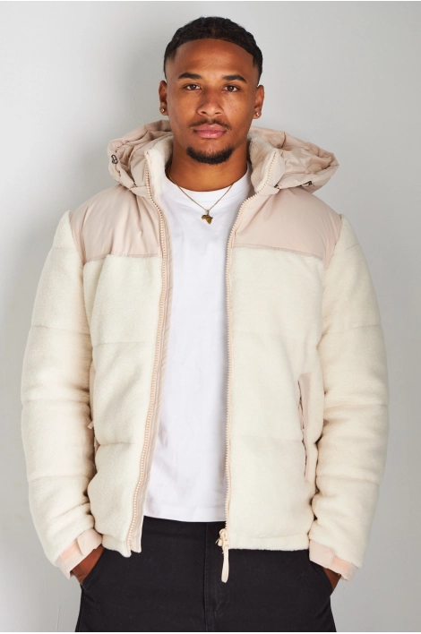Doudoune beige matelassée à capuche et empiècement peau de mouton blanc