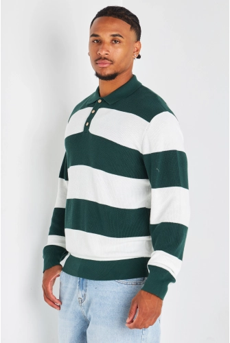 Pull manches longues à rayures vert foncé et blanc
