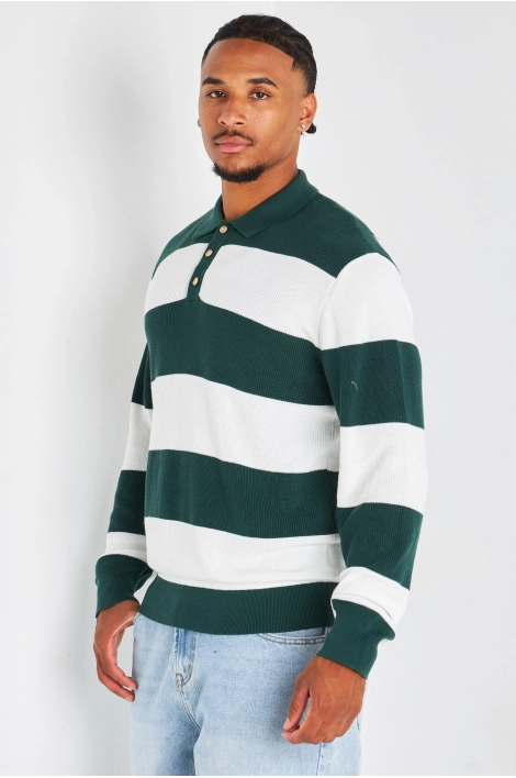 Pull manches longues à rayures vert foncé et blanc
