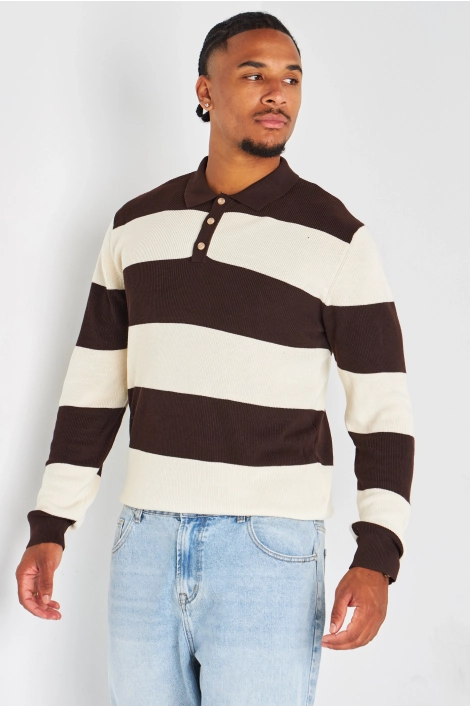 Pull manches longues à rayures marron et beige