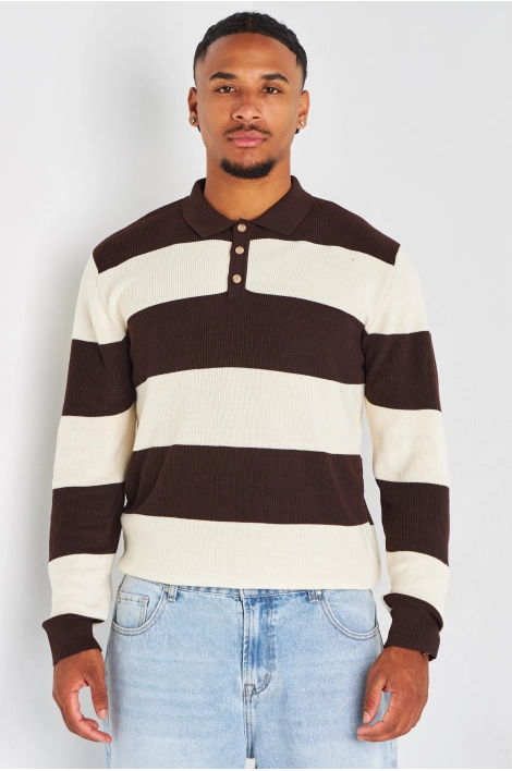 Pull manches longues à rayures marron et beige