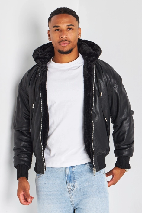 Veste noire en simili cuir à empiècement fourrure