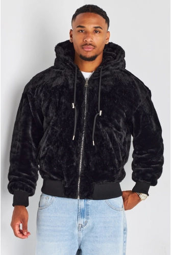 Veste noire en simili cuir à empiècement fourrure