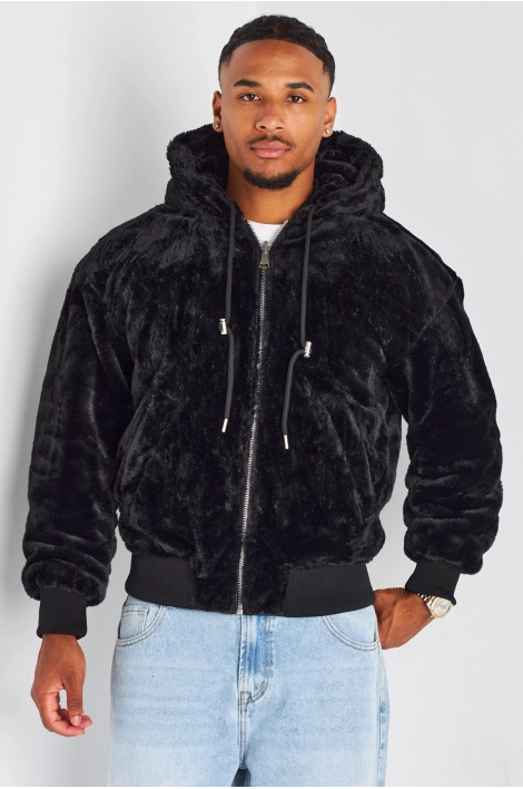 Veste noire en simili cuir à empiècement fourrure