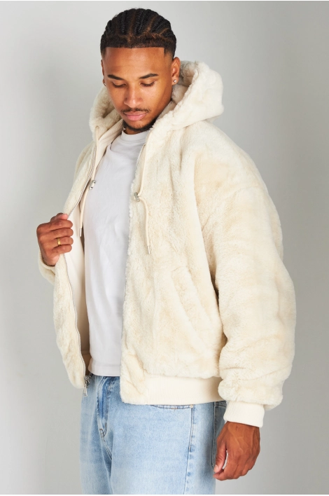 Veste beige en simili cuir à empiècement fourrure