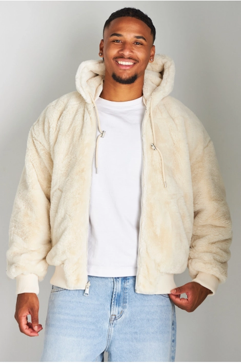 Veste beige en simili cuir à empiècement fourrure