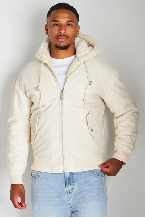 Veste beige en simili cuir à empiècement fourrure