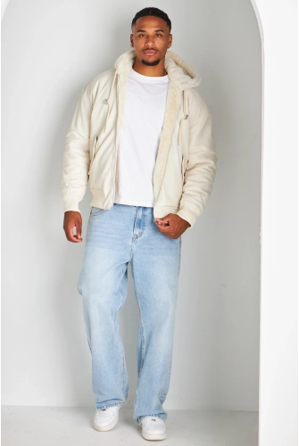 Veste beige en simili cuir à empiècement fourrure