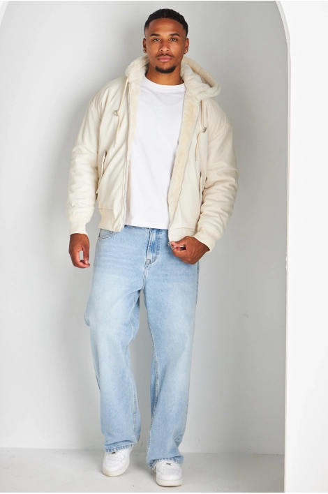 Veste beige en simili cuir à empiècement fourrure