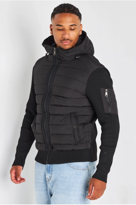 Veste noire matelassée bi-matière à capuche