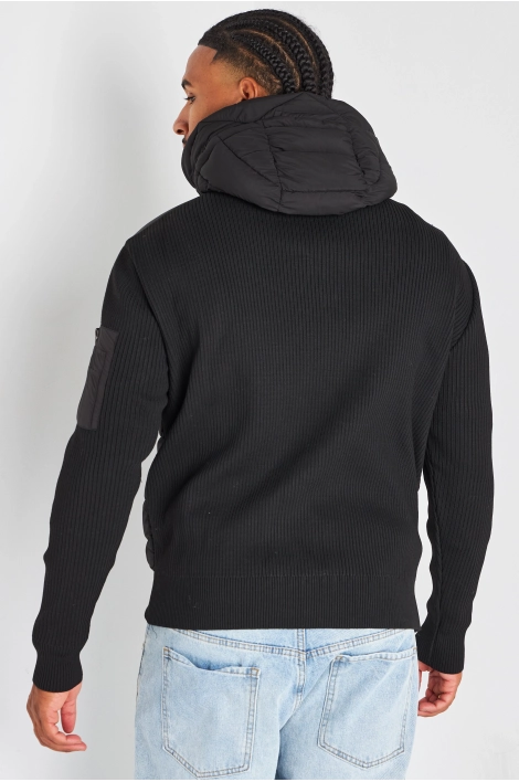 Veste noire matelassée bi-matière à capuche