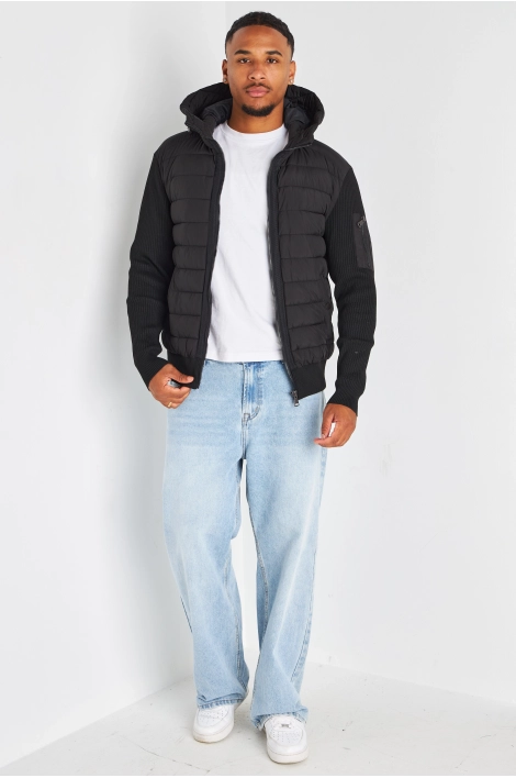 Veste noire matelassée bi-matière à capuche