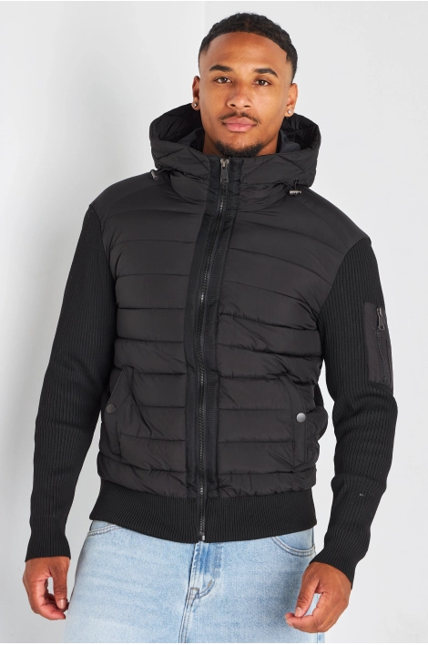 Veste noire matelassée bi-matière à capuche