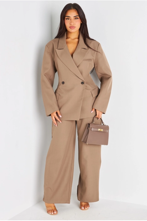 Ensemble deux pièces taupe blazer + pantalon coupe droite