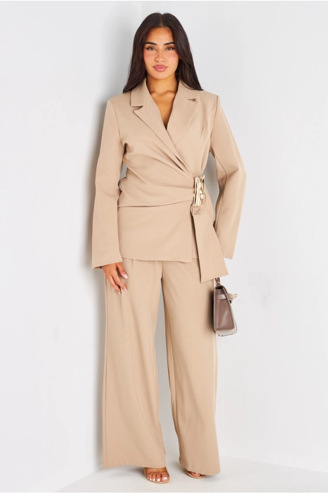 Ensemble tailleur deux pièces taupe veste blazer à broche + pantalon