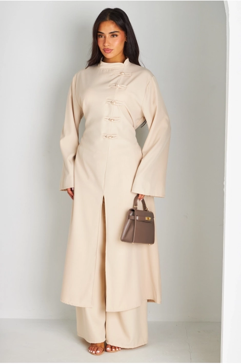 Ensemble deux pièces beige blouse longue + pantalon coupe droite