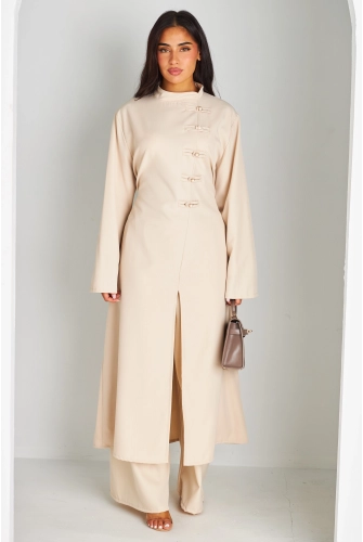 Ensemble deux pièces beige blouse longue + pantalon coupe droite