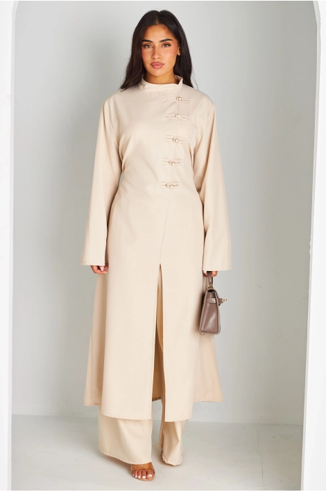 Ensemble deux pièces beige blouse longue + pantalon coupe droite