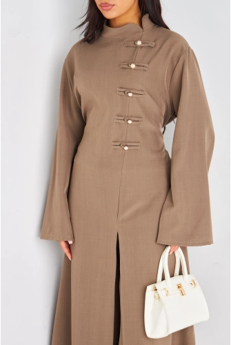 Ensemble deux pièces taupe blouse longue + pantalon coupe droite