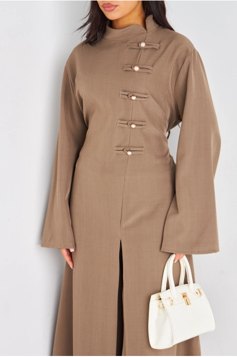 Ensemble deux pièces taupe blouse longue + pantalon coupe droite
