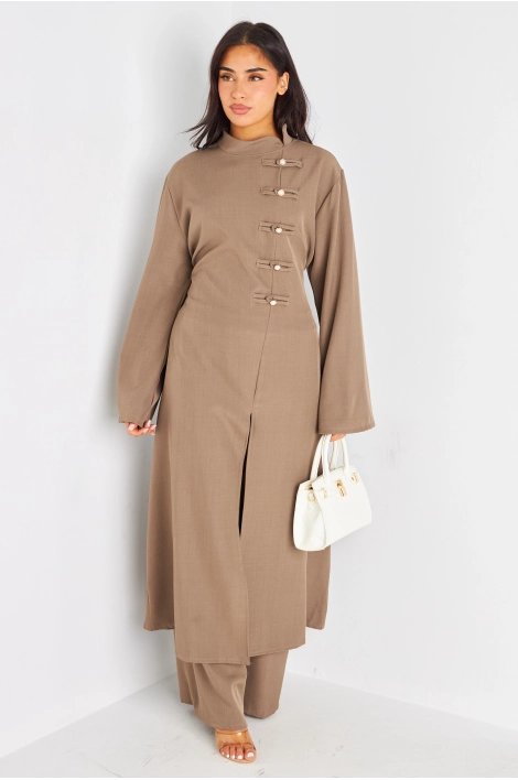 Ensemble deux pièces taupe blouse longue + pantalon coupe droite