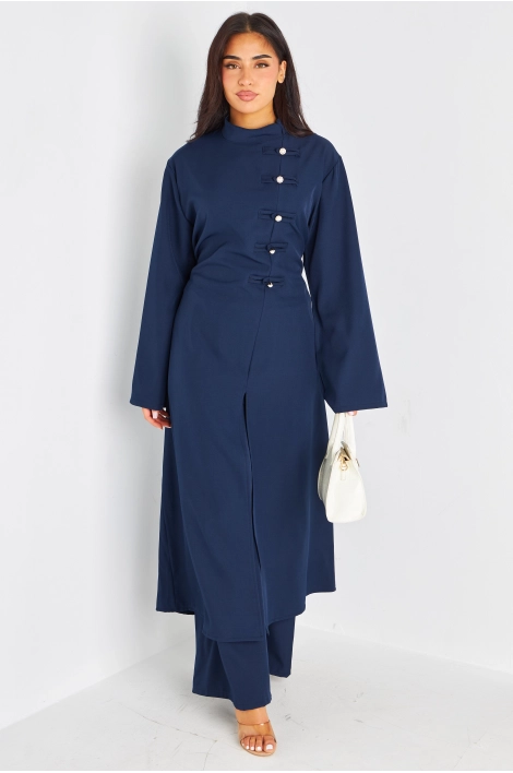 Ensemble deux pièces bleu marine blouse longue + pantalon coupe droite