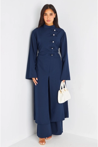 Ensemble deux pièces bleu marine blouse longue + pantalon coupe droite