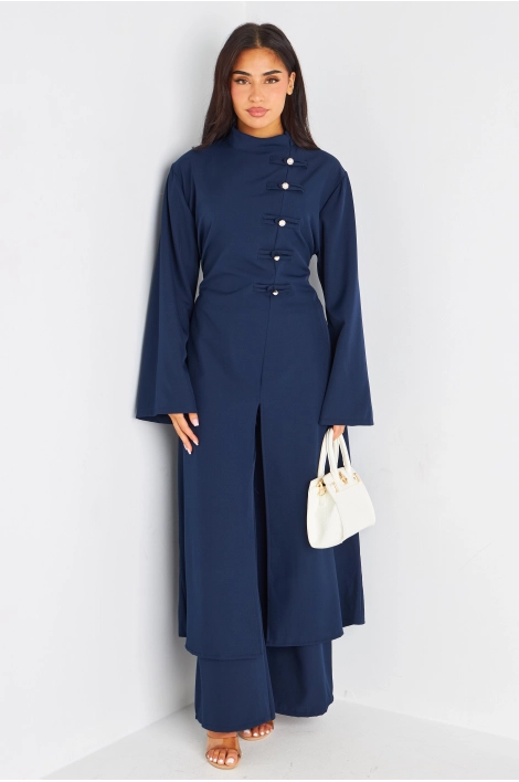 Ensemble deux pièces bleu marine blouse longue + pantalon coupe droite