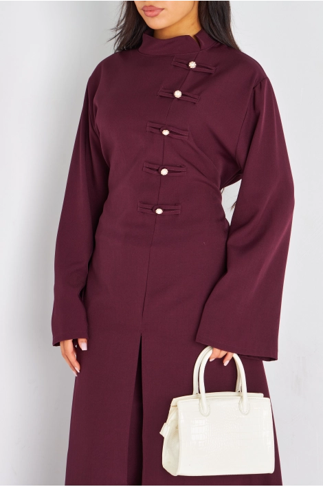 Ensemble deux pièces bordeaux blouse longue + pantalon coupe droite