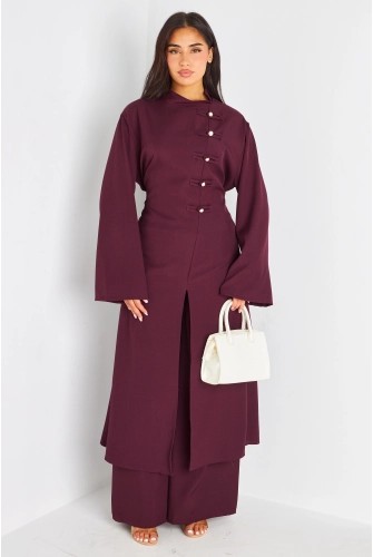 Ensemble deux pièces bordeaux blouse longue + pantalon coupe droite