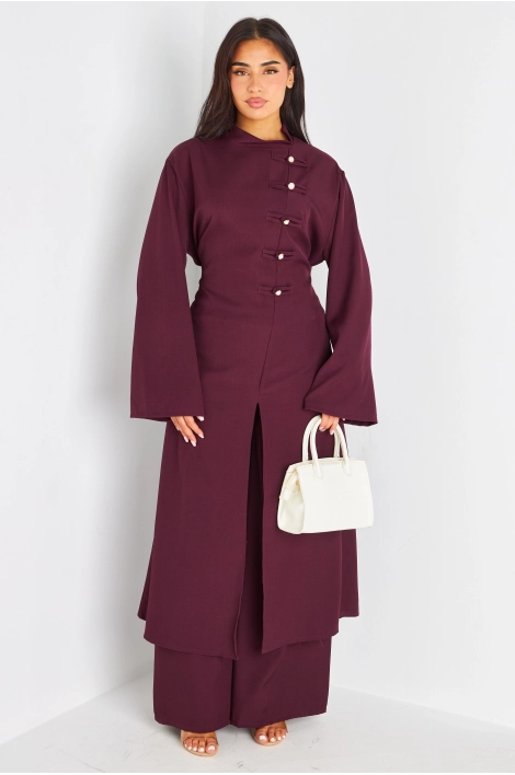 Ensemble deux pièces bordeaux blouse longue + pantalon coupe droite