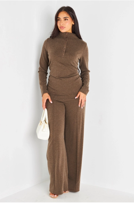 Ensemble deux pièces marron haut cintré col montant + pantalon coupe droite