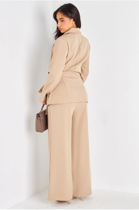 Ensemble tailleur deux pièces taupe veste blazer à broche + pantalon
