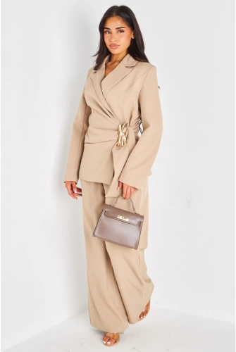 Ensemble tailleur deux pièces taupe veste blazer à broche + pantalon